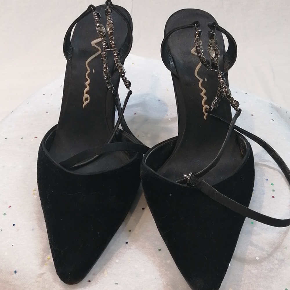 Nina Velvet Strappy Heels w/ Jewels Sz 7.5 M